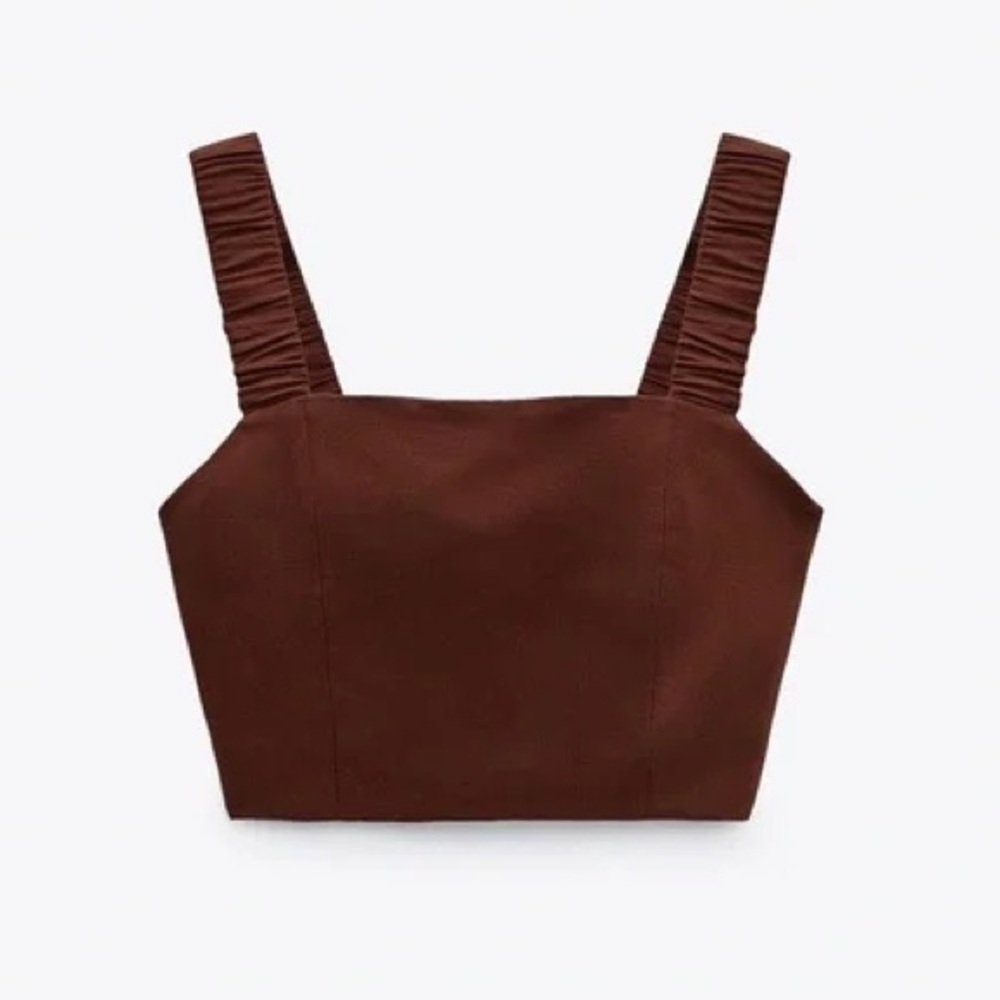 ZARA Linen Blend Sleeveless Crop Top Brown Ruched Straps Medium